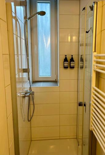 a bathroom with a shower and a window at FeelsLikeHome - Stylische und zentrale Altbauwohnung mit Terrasse&Garten in Bochum