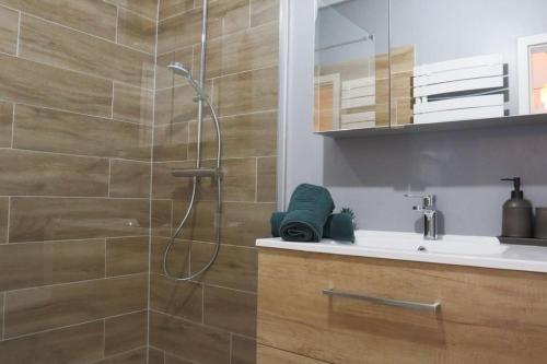 a bathroom with a shower and a sink at Le Cocon Fleuri, proche centre in Mulhouse
