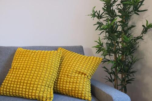 a yellow pillow sitting on a couch next to a plant at Le Cocon Fleuri, proche centre in Mulhouse