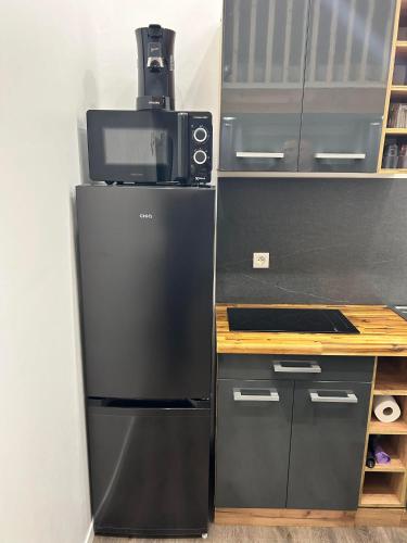 Elle comprend un réfrigérateur noir et une cafetière. dans l'établissement Beau petit studio avec terrasse et 2 couchages, à Fos-sur-Mer