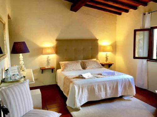 ein Schlafzimmer mit einem Bett, zwei Lampen und einem Stuhl in der Unterkunft B&B Countryhouse Villa Baciolo in San Gimignano