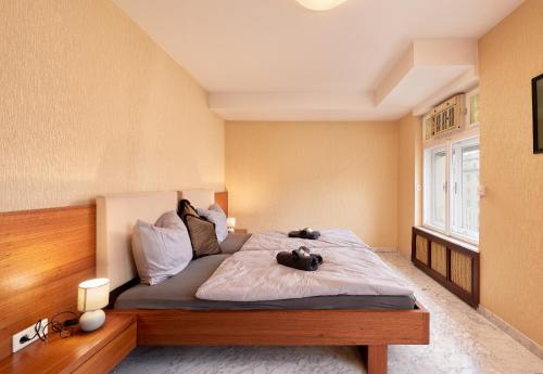 ein Schlafzimmer mit einem Bett mit zwei Teddybären darauf in der Unterkunft Vienna Prestige Central Luxury Haven w Free Parking and SAUNA in Wien