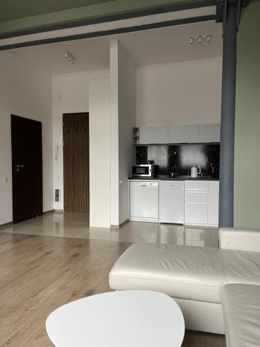 綠山城的住宿－Loft Stara Tkalnia，一间带白色沙发的客厅和一间厨房
