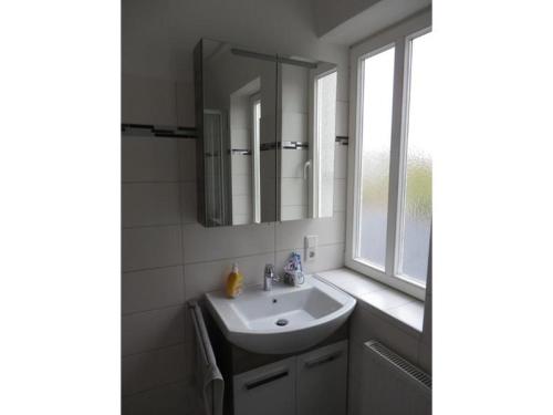 La salle de bains est pourvue d'un lavabo et d'une fenêtre. dans l'établissement Pfieffetalblick, à Spangenberg
