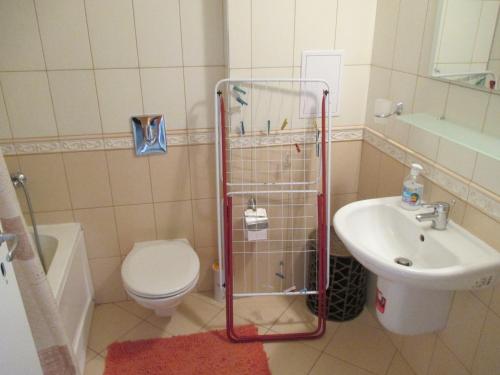 a bathroom with a shower and a toilet and a sink at Apartment Crystal Beach in Nesebar