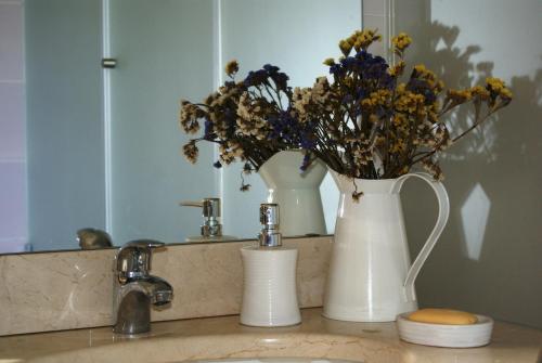 ドルネスにあるCasa da Eira em Dornes - Casa de campo familiar com piscinaの花の咲くバスルームカウンターに座る白い花瓶