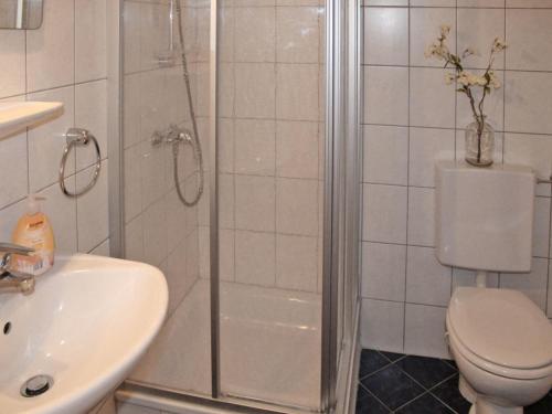 La salle de bains est pourvue d'une douche, de toilettes et d'un lavabo. dans l'établissement Ferienhaus Nr 21, Kategorie Komfort, Feriendorf Hochbergle, Allgäu, à Bichel