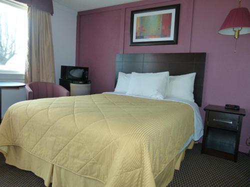 a bedroom with a large bed with a yellow bedspread at Country Squire Motel in Arnprior