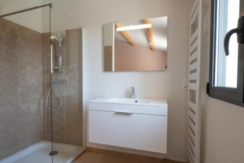 y baño con lavabo blanco y ducha. en Villa Beaumont 84MONT, en Malaucène