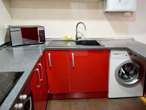 a kitchen with a sink and a washing machine at Apartamentos Jaca Ciudadela 3000 in Jaca