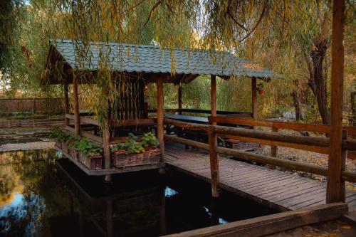muelle de madera con cenador junto a un estanque en La Cotihana, en Cotihana