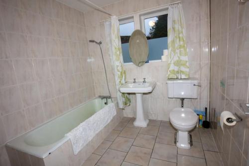 a bathroom with a sink and a tub and a toilet at Ormsaig Wooden Cottage 