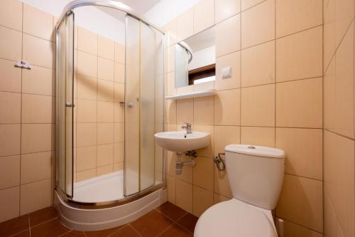 a bathroom with a shower and a toilet and a sink at OW Carbo w sąsiedztwie lasu i jeziora in Dąbki