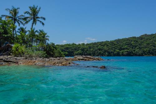 a beach with turquoise water and palm trees at Casa Grande Flats in Abraão