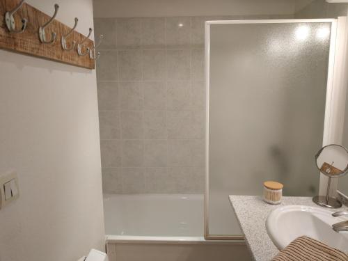 a bathroom with a shower and a sink at Emplacement idéal, garage privé, piscine intérieure in Uzès