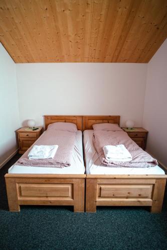 two twin beds in a room with wooden ceilings at Ospizio La Veduta in Bivio