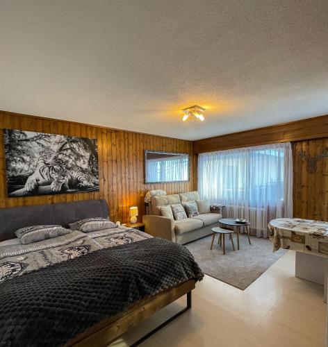 een slaapkamer met een bed en een woonkamer bij Jolie appart cozy, Ski in Ski out in Veysonnaz