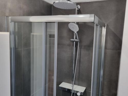 a shower with a glass door in a bathroom at City Central Apartment House in Kaiserslautern