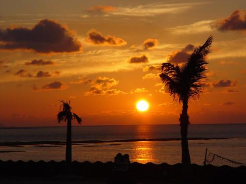 a sunset on the beach with two palm trees at EN RESORT Kumejima EEF Beach Hotel in Kumejima