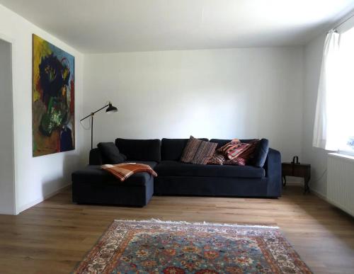 a living room with a blue couch and a rug at Ferienhaus alte Försterei in Malchin