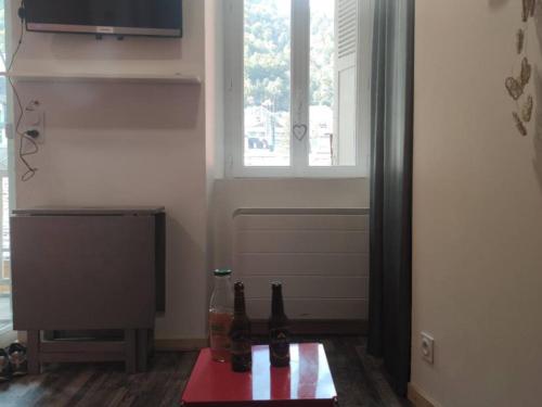 - 2 bouteilles sur une table dans une chambre avec fenêtre dans l'établissement Studio 4 pers. à 150m des télécabines, centre proche - FR-1-234-291, à Cauterets