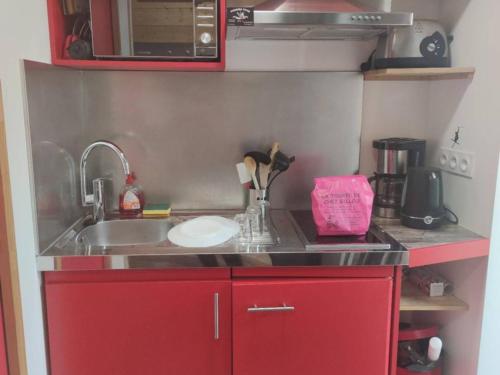 La cuisine est équipée d'un évier et d'une armoire rouge. dans l'établissement Studio 4 pers. à 150m des télécabines, centre proche - FR-1-234-291, à Cauterets