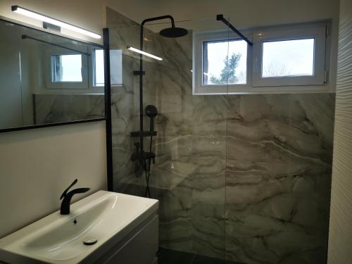 La salle de bains est pourvue d'un lavabo et d'une douche. dans l'établissement Nikos Residence, à Roman