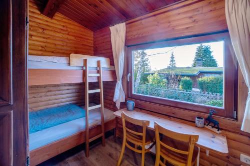 a bedroom with a bunk bed and a desk and a window at Bühberg Alm in Blümchen