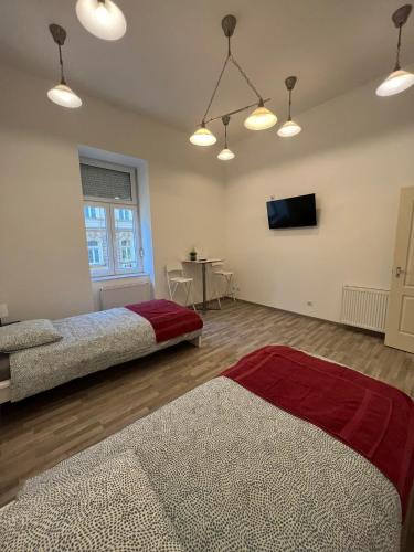 a bedroom with two beds and a television in it at Goldensun Apartment in Budapest