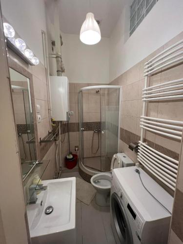een badkamer met een douche, een toilet en een wasmachine bij Goldensun Apartment in Boedapest