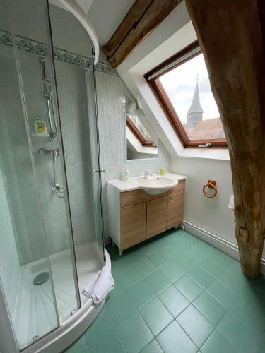 une salle de bain avec douche et lavabo dans l'établissement Gite et Chambres d'Hôtes Clos de Mondetour, à Fontaine-sous-Jouy