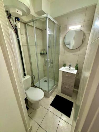 une salle de bain avec une douche, des toilettes et un lavabo dans l'établissement la parenthèse champenoise, à Reims
