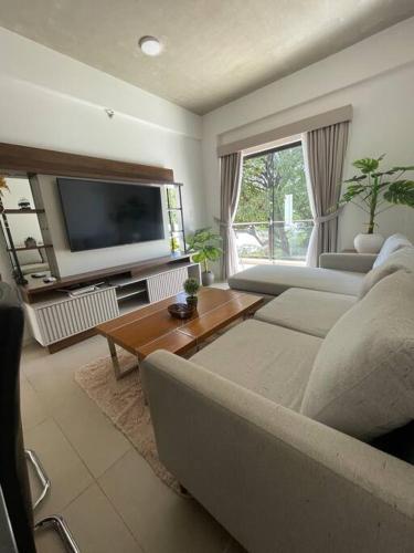 a living room with a couch and a flat screen tv at Luxury Experience in Asunción: Fully Equipped in Asunción