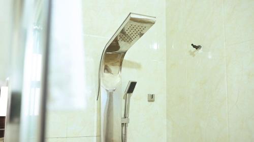 y baño con ducha y cabezal de ducha. en ROYAL PARK HOTEL AND CHINESE RESTAURANT, en Kumasi