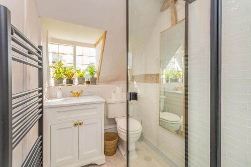 La salle de bains est pourvue de toilettes et d'un lavabo. dans l'établissement Anchor Gate Cottage Near Le Manoir A'QuatSaisons By Aryas Properties - Oxfordshire, à Stadhampton