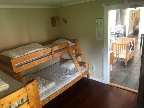 a bedroom with two bunk beds in a room at Äventyrsgårdens Vandrarhem, Kinnekulle in Källby