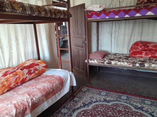 a bedroom with two bunk beds and a rug at Backpackers Hub in Darjeeling