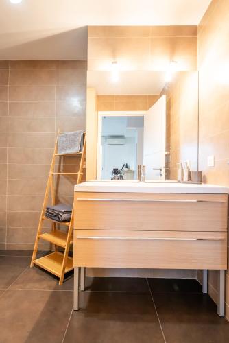 une salle de bain avec un grand lavabo et un miroir dans l'établissement Joli studio centre Cannes, à Cannes