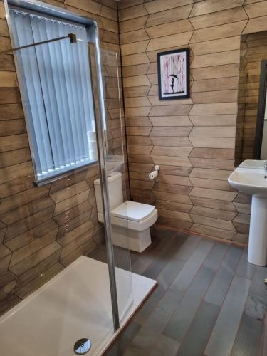 a bathroom with a toilet and a sink at Sussex Apartments 26B in Grimsby