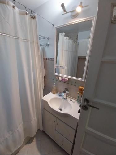 a bathroom with a sink and a mirror and a shower at Lollapalooza muy cerca in San Isidro