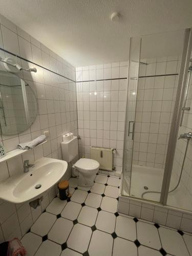 a bathroom with a toilet and a shower and a sink at Stadtrand Oase Appartement in Spenge