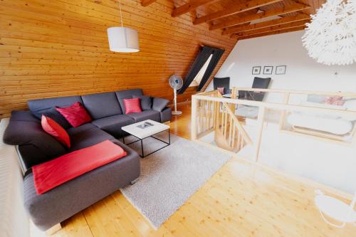 a living room with a black couch and red pillows at Ferienhaus Schöne Aussicht Ferienwohnung Rot in Hemfurth-Edersee