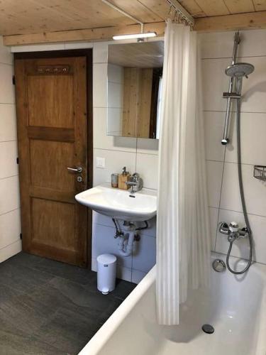 a bathroom with a sink and a tub and a shower at Cosy mountain apartment 5min walk from Gondola in Fiesch