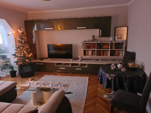 a living room with a christmas tree and a television at Lara's Residence in Timişoara