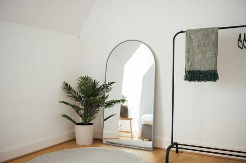 a room with a mirror and a potted plant at Stylish Central Kings Cross 2 Bedroom Flat in London