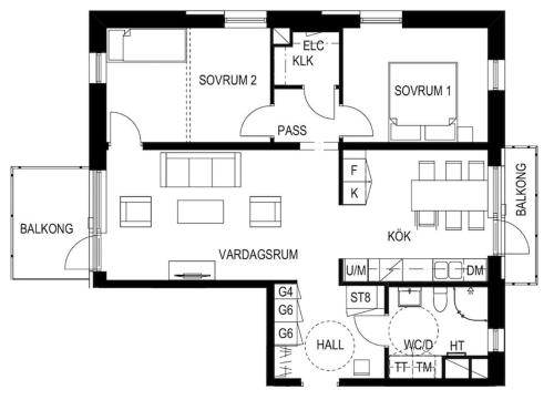 un plan de sol noir et blanc d'une maison dans l'établissement Ny lgh i Varberg, 80 kvm, 4 rum, à Varberg