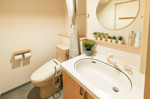 a bathroom with a sink and a toilet and a mirror at 今年新規OP 最大9人 すすきのエリア 札幌観光に抜群の立地 空港直通バス停すぐ 高速Wi-Fi完備 in Sapporo
