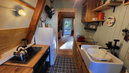 uma pequena cozinha com um lavatório e um frigorífico em Finnhütte zwischen Wald und See em Biesenthal
