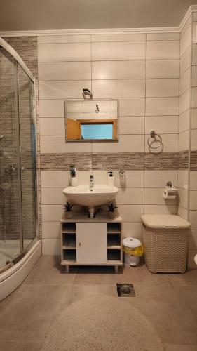a bathroom with a sink and a shower and a mirror at Apartman SUNCE in Trebinje