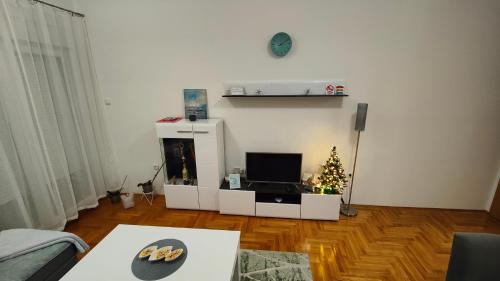 Una sala de estar con un árbol de Navidad y un televisor. en Apartman Sunce, en Trebinje